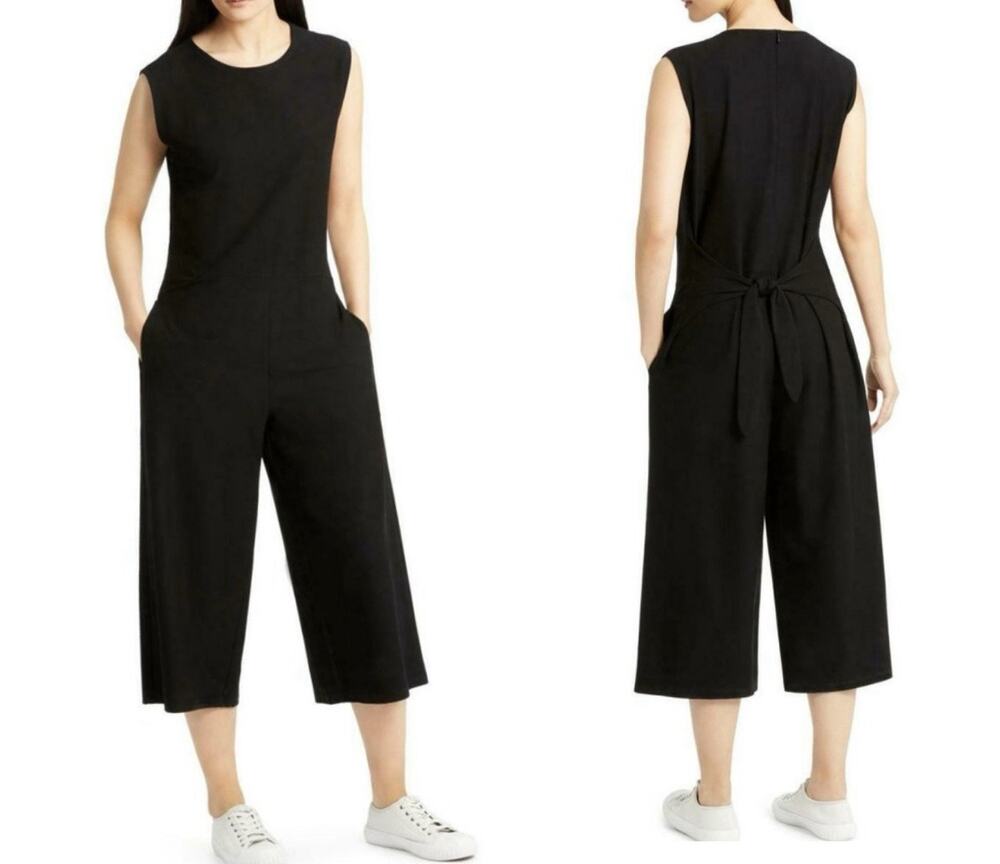 Eileen Fisher Wide Leg Crop Jumpsuit Black Crepe Back Zip Tie Waist Size Medium
